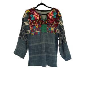 Vintage 1970s Gautemalan Huipil indigo embroidered top with mixed denim
